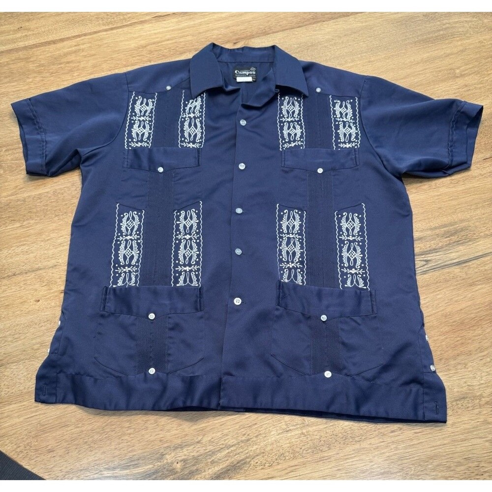 Vintage Campos Guayaberas Shirt Men's XL 42 Mexican Cuban Copacabana Blue White